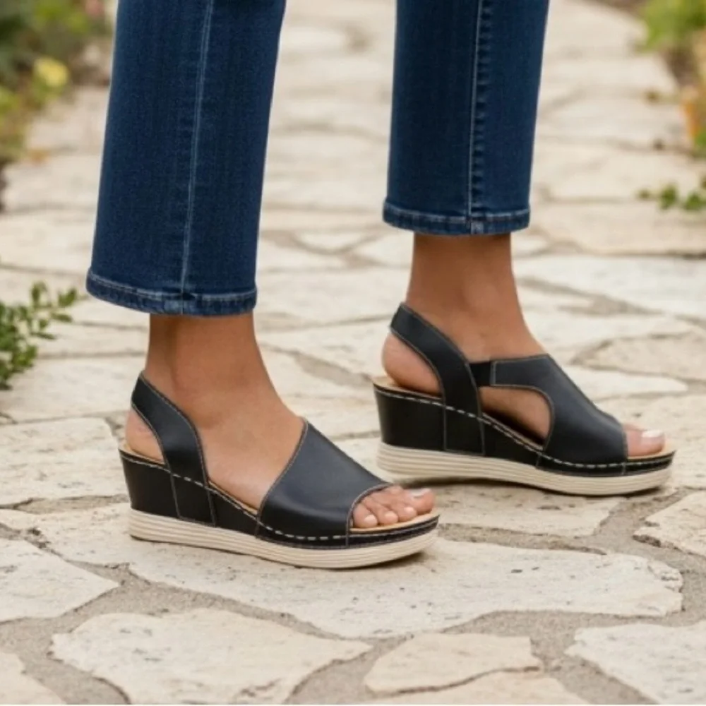 Henry Ferrera Wedge Slingback Sandals Black Size 8.5 NIB Spring Summer Comfort - Picture 1 of 5